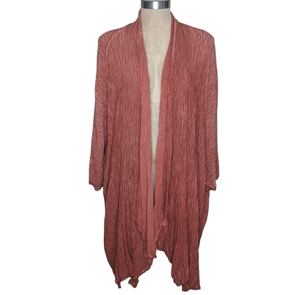 GRIZAS Open Cardigan Womens Sz L Burnt Orange Crinkle Gauzy Lagenlook Boho